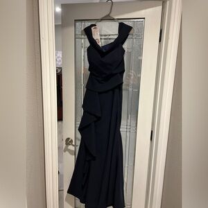 Midnight Blue Ruffled Asymmetrical V-Neck Gown